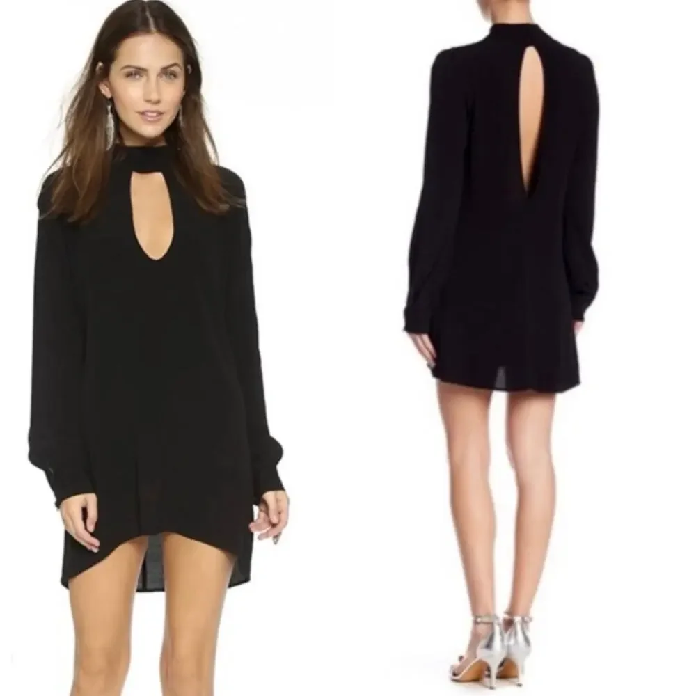 For Love & Lemons High Neck Keyhole Low Back Long Sleeve Black Witchy Mini Dress